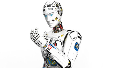 Detailed appearance of the white AI robot under white background. Concept image of automatic operation, optimization and block chain. 3D illustration. 3D high quality rendering.