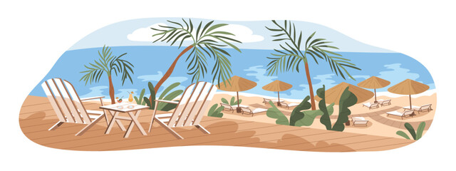 Fototapeta na wymiar Chaise lounges, umbrellas at luxury sea resort, paid public beach. Deckchairs, parasols at seaside, tropical summer landscape, scenery. Flat graphic vector illustration isolated on white background