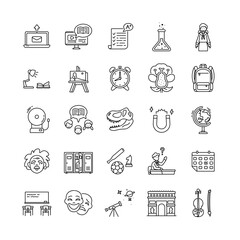 Set of school outline icons. Contains such Icons as prehistoric fossil, magnetism, sports, student asking, school bell, scientist, theater mask, globe, arc de triomphe etc. pixel perfect at 64x64.