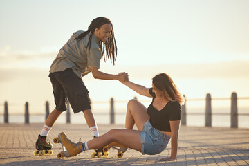 Help, falling and couple roller skating and holding hands at the beach in summer for a fun and...