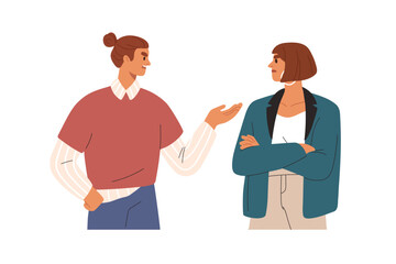 Fototapeta premium Quarrel, conflict between man and woman employees. Arguing colleagues. Angry discontent business partners argument, misunderstanding. Flat graphic vector illustration isolated on white background