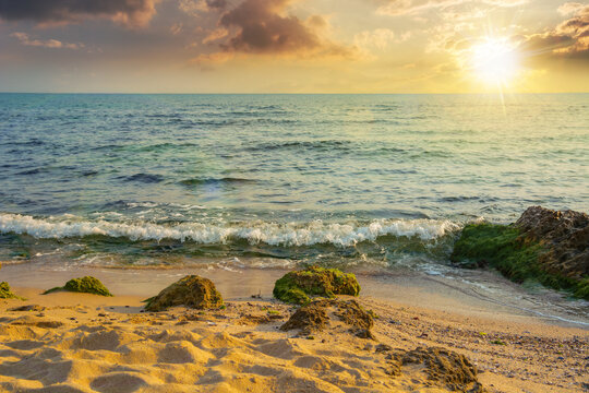sunny sunset scenery at the sea. calm waves washing the sandy beach. transparent water and bright blue sky in evening light