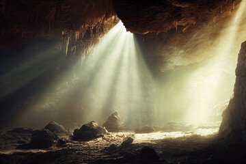 Dramatic light in dark cave landscape, mysterious and surreal, digital art style