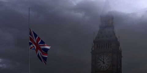 Fototapeta na wymiar UK flag in half mast and big ben. United Kingdom flag against dark dramatic cloudy sky. 3D render British flag illustration