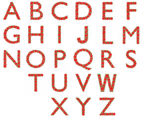 Alphabet made from red flowers and green leaves isolated on white background. Design element. Floral font. Flowers letters. Summer font. 3d illustration