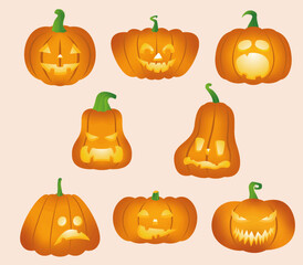 halloween vector illustration pumpkins pack in color