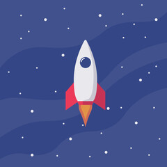 Modern space rocket flying in space illustration with flat design