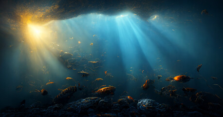 Fototapeta na wymiar Abstract abyss under sea background. coral reef underwater with sun ray. 3D rendering image.