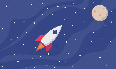 Modern space rocket flying in space illustration with flat design