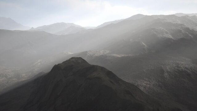 Stone field in dense fog in highlands