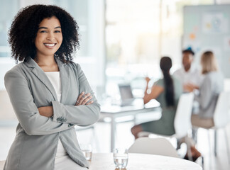 Corporate woman manager in meeting, leadership of training workshop and coach in work conference at office. Portrait of happy, motivation and success leader of team, arms crossed in coaching seminar