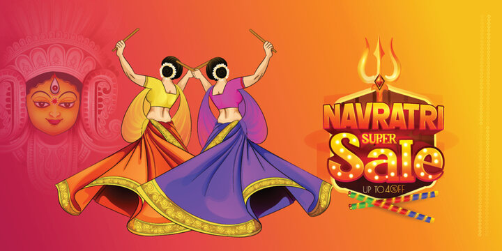 Shubh Navratri festival celebration poster or banner design with illustration of Couple performing dandiya and dancing Garba with dandiya stick 