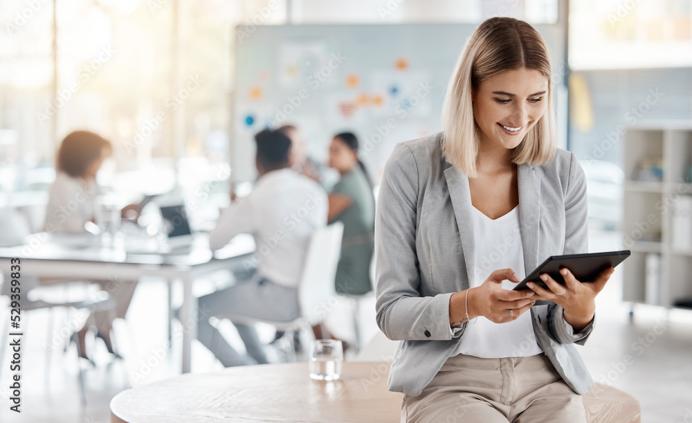 Poster business woman working on a digital tablet in a corporate meeting with a team in an office. professi