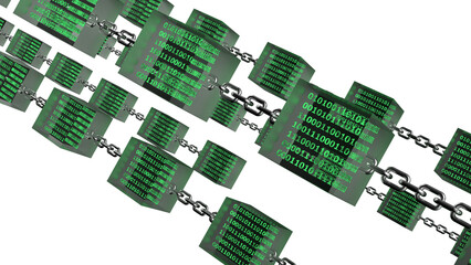 Green glowing binary data in clear glass cubes connected by iron chains under white lighting background. Block chain network technology concept illustration. 3D illustration. 3D CG.
