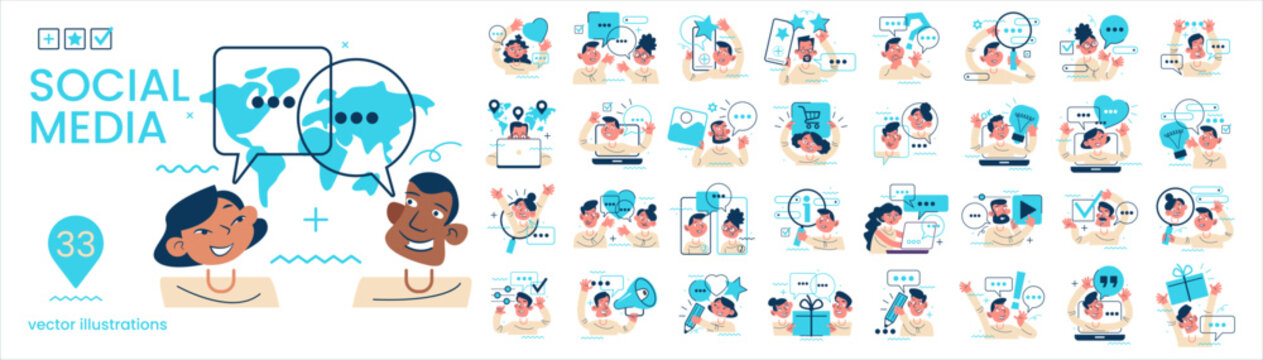 illustration set. Collection of different social media scenes and situations. Social network, digital marketing, online communication, internet services.