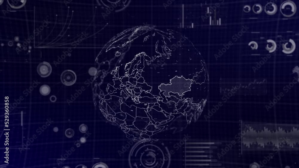 Poster data analysis technology globe rotating on kazakhstan country with graphs, charts, analytics in back