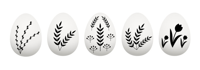 Set with white eggs with black spring branches and flowers for Easter.