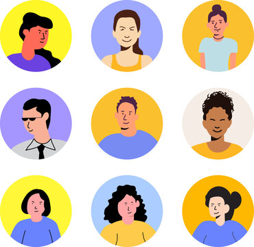 Bundle of different people avatars. Set of colorful user portraits. Male and female characters faces. Smiling young men and women avatar colletion. Vector illustration in flat cartoon style