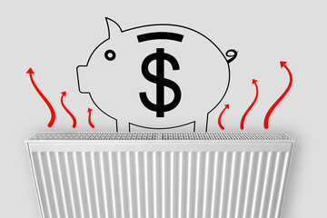 Piggy bank with dollar sign on home heating radiator. Energy crisis and expensive heating costs for...