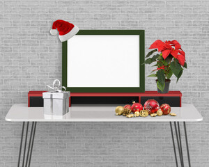 Christmas photo frame against a grey brick wall. Mockup template.