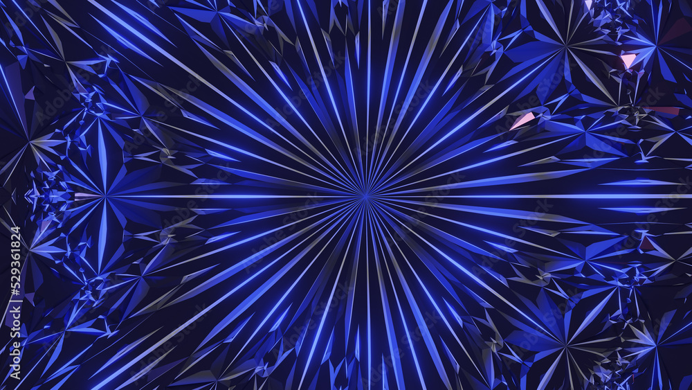 Fototapete 3d rendering image of illuminated geometric shapes in pattern looking like kaleidoscope.