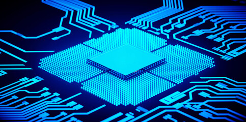 3D rendering of cyberpunk AI. Circuit board. Technology background. Central Computer Processors CPU and GPU concept. Motherboard digital chip. Tech science background.
