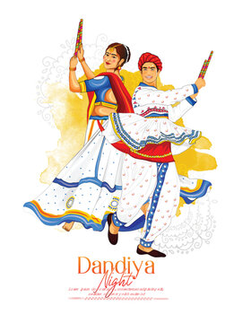 Shubh Navratri festival celebration poster or banner design with illustration of Couple performing dandiya and dancing garba with dandiya stick 