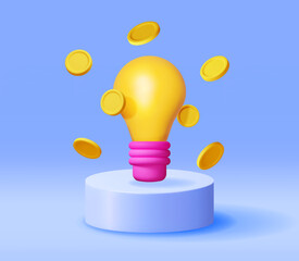 3D Light Bulb with Golden Coins on Podium. Render Yellow Idea Bulb Makes Money. Glass Lightbulb Symbol. Creative Idea Inspiration. Brainstorming Development. Business Startup. Vector Illustration