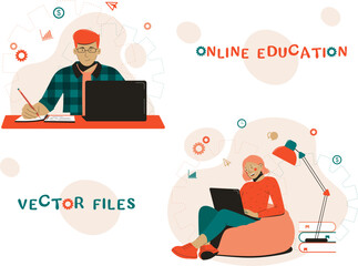 Flat design concept of online education, training and courses, training, video tutorials. Vector illustration for a website banner, marketing materials, presentation template, online advertising.