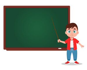 The boy answers at the blackboard, the schoolboy. School board. Vector illustration