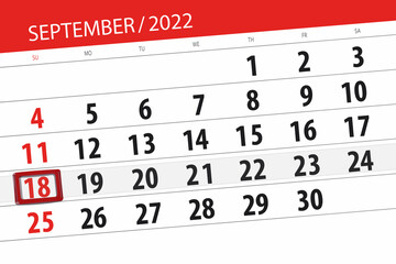 Fototapeta premium Calendar planner for the month september 2022, deadline day, 18, sunday