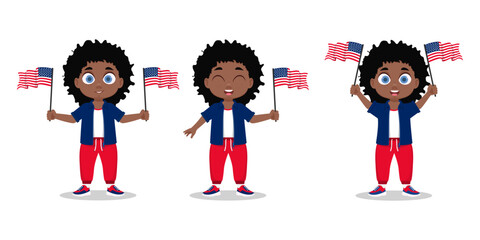 A boy with the USA flag in his hand. Child with a flag. Vector illustration