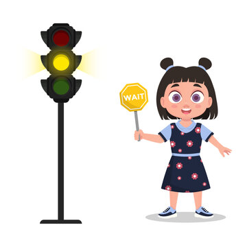 Girl with a waiting sign. The traffic light shows a yellow signal. Vector illustration