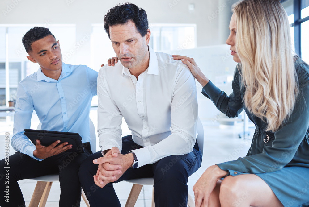 Poster Business, support group and man at the office in depression with supportive colleagues at the workplace. Male employee with mental health problems in divorce, grief or loss with helpful coworkers.