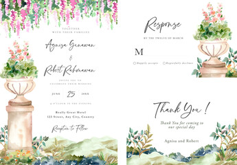  Wedding invitation card with watercolor with romantic floral urns and willow trees - 529364259