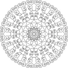 Easy Mandala, Simple Mandala, Doodle Halloween Ghost coloring pattern Vector on Transparent background. Decorative ornament kids friendly graphic elements. Coloring book page. Coloring sheet.