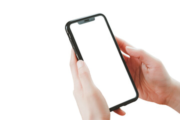 Hand holding the PNG of smartphone with blank screen and modern frameless design, hold Mobile phone on transparent background Ideal for marketing, app design