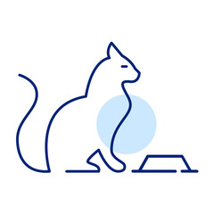 Cat sitting in front of a food bowl. Pet supplies icon. Pixel perfect, editable stroke 