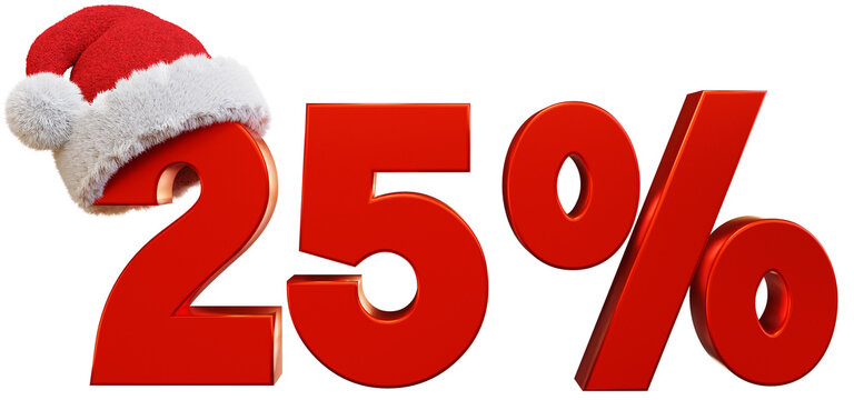 25 Percent Text and Santa Hat - New Year Shopping and Discount Concept - PNG Transparent 3D image