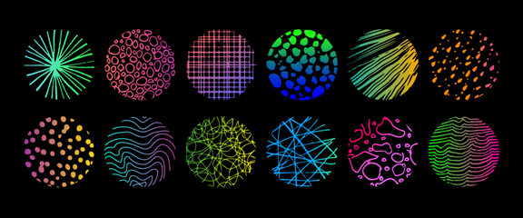 Set of round abstract colorful bright hand drawn doodle shapes. Spots, drops, curves, lines. Backgrounds in the form of a circle of spots, lines, splashes, stripes and dots.