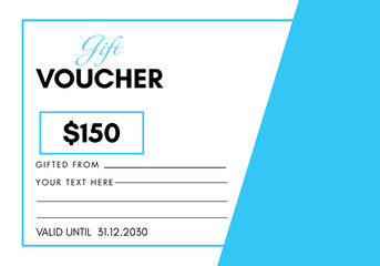 150 Dollar discount for shopping template design isolated on sky blue and white background. Special offer gift voucher template to save money. Gift certificates, coupon code, gift cards, tickets.