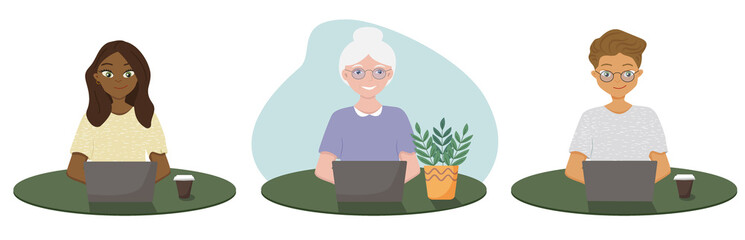 Set of computer workers. An African-American woman, an old woman and a white student are sitting at a table, at a laptop. Flat illustration of isolated objects.