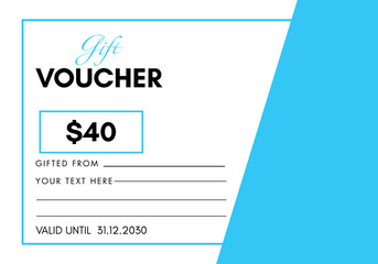 40 Dollar discount for shopping template design isolated on sky blue and white background. Special offer gift voucher template to save money. Gift certificates, coupon code, gift cards, tickets.
