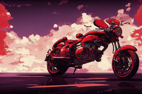 Red Anime Motorcycle With Anime Clouds Background. High Quality 3d Illustration