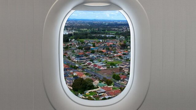 View of Suburban Melbourne Australia from airplane window 