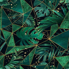 Tropical palm leaves with geometric background, marble texture with gold splashes exotic seamless pattern, watercolor jungle wallpaper - 529367012
