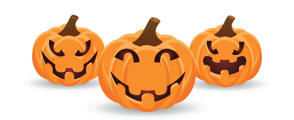 Happy Halloween banner. Pumpkin isolated. Orange pumpkins with a scary smile for Halloween. Horizontal holiday poster, header for website. Vector illustration