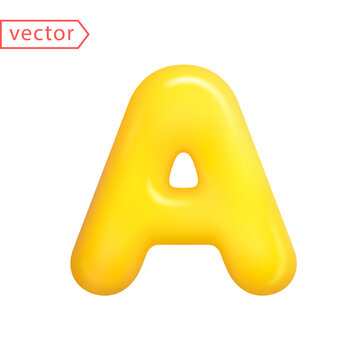 3D Letter A. A Letter sign yellow color. Realistic 3d balloon cartoon style design. Icon isolated on white background. 3d vector illustration