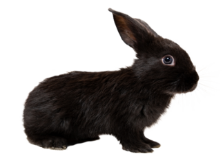 One little black rabbit isolated on a white background. Hare is a symbol of 2023 year accoding an eastern calendar. Cute fun pet. Holiday gift for Christmas, New Year or Easter. Copy space. Banner
