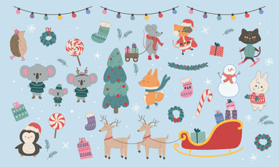 Fototapeta na wymiar illustration set of cute Christmas animals, Christmas tree and decor elements.Collection of Christmas symbols and characters